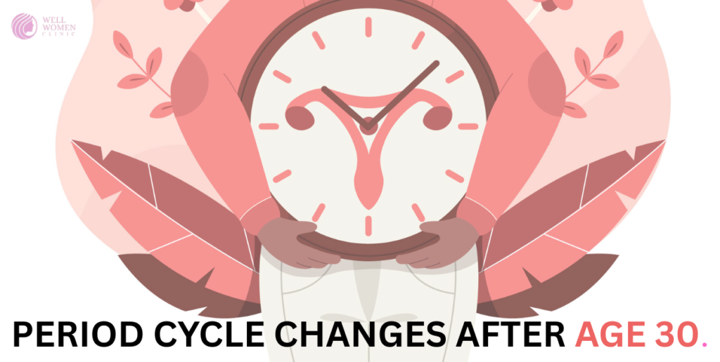 Illustration of menstrual cycle changes in women after age 30 with hormonal health tips