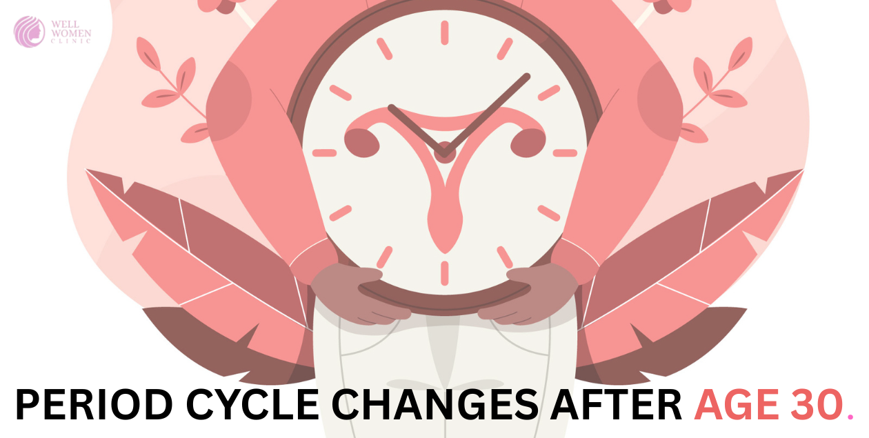 Illustration of menstrual cycle changes in women after age 30 with hormonal health tips