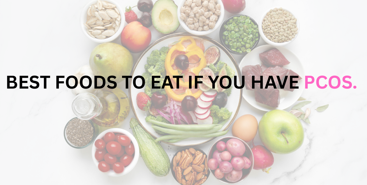 Healthy foods for managing PCOS symptoms, including fruits, vegetables, and whole grains