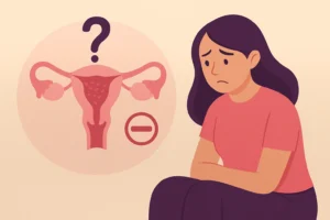 Woman experiencing vaginal itching and burning discomfort illustration.