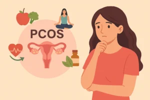 Visual guide detailing the symptoms, causes, and treatment methods for Polycystic Ovary Syndrome.
