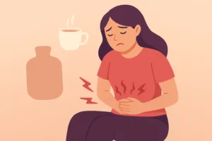Woman sitting with a pained expression, holding her stomach, with a cup of coffee nearby, symbolizing natural ways to reduce period cramps.