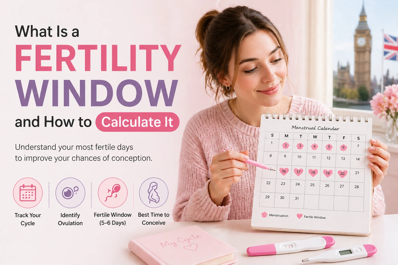Woman tracking fertility window on calendar to calculate ovulation days