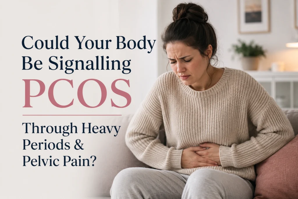 British woman holding abdomen due to pelvic pain symptoms of PCOS