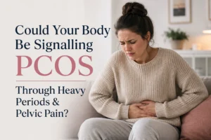 British woman holding abdomen due to pelvic pain symptoms of PCOS