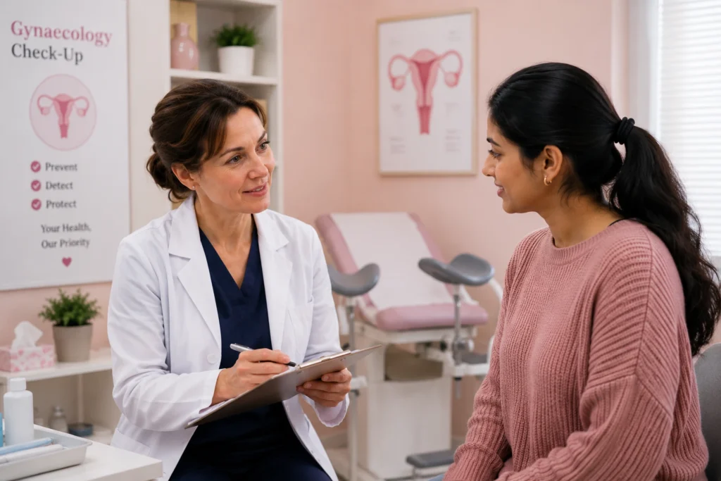 Woman attending gynaecology check-up with doctor